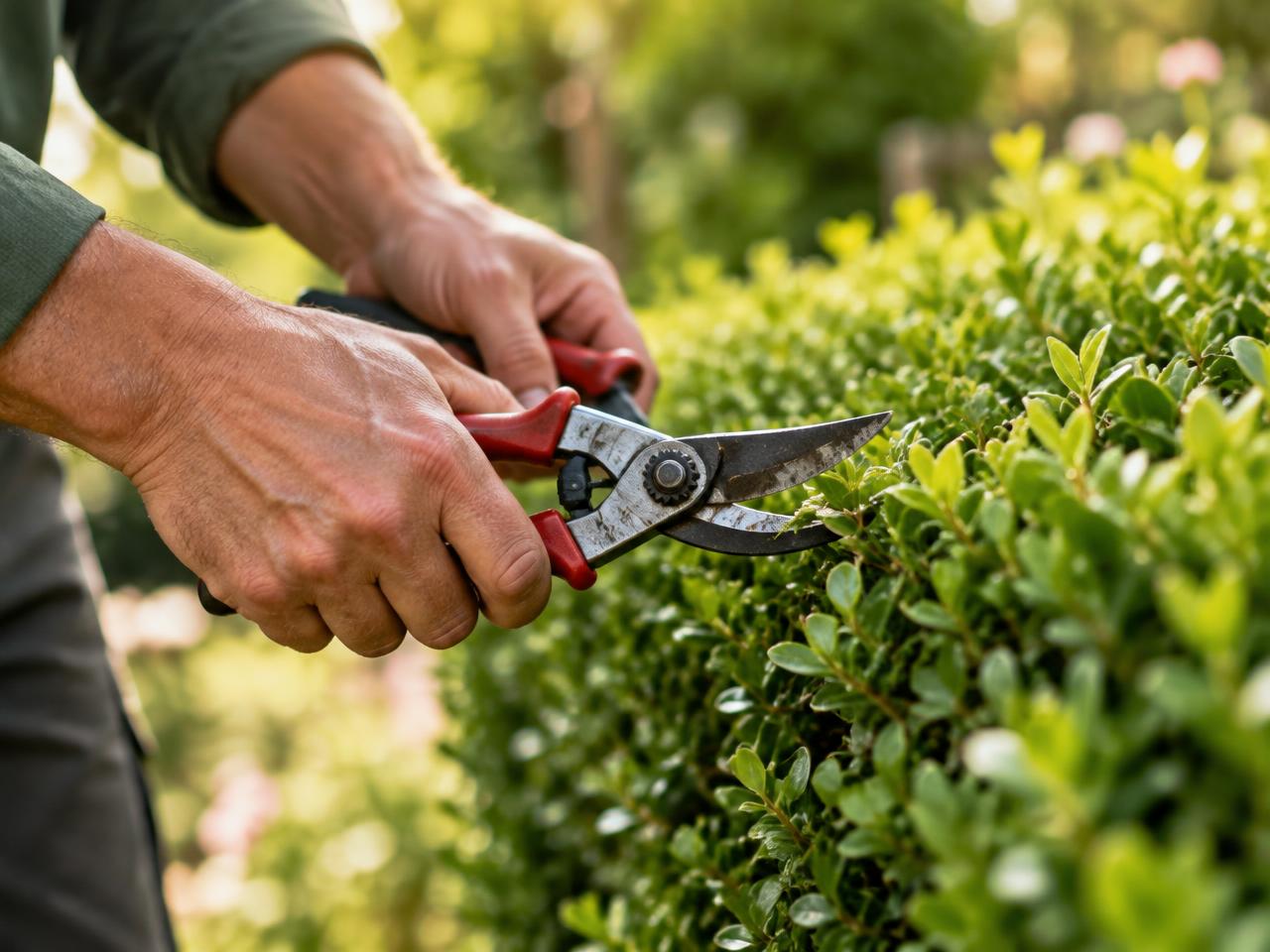 Jardinero recortando un seto con tijeras de podar